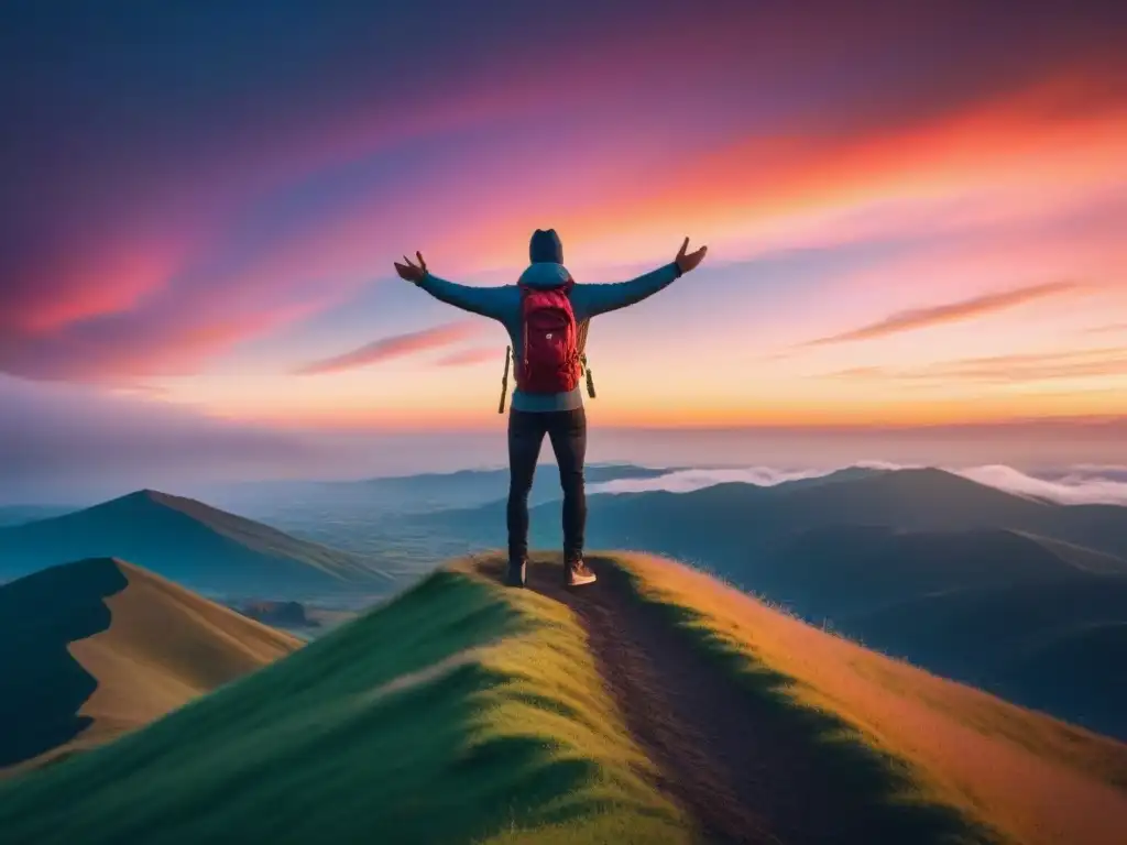 Un ser solitario en la cima de la montaña, bajo un cielo dramático al atardecer, simbolizando el poder transformador de la poesía personal resonando en lo universal