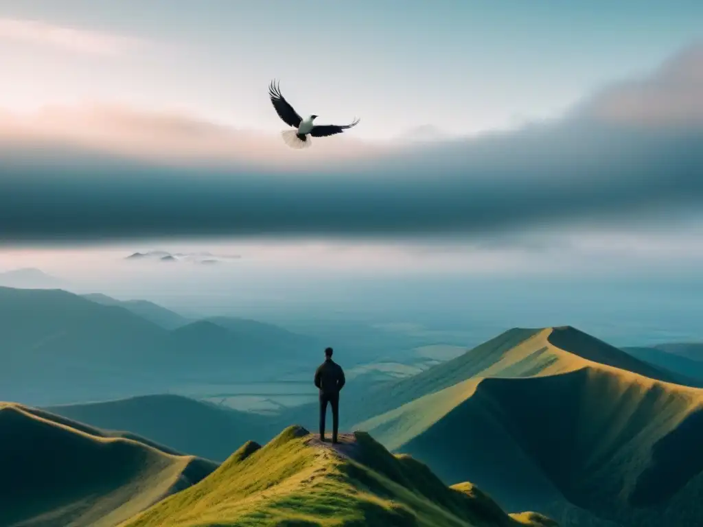 Un ser solitario en la cima de la montaña, conectado con la naturaleza, observa poesía transformarse en aves