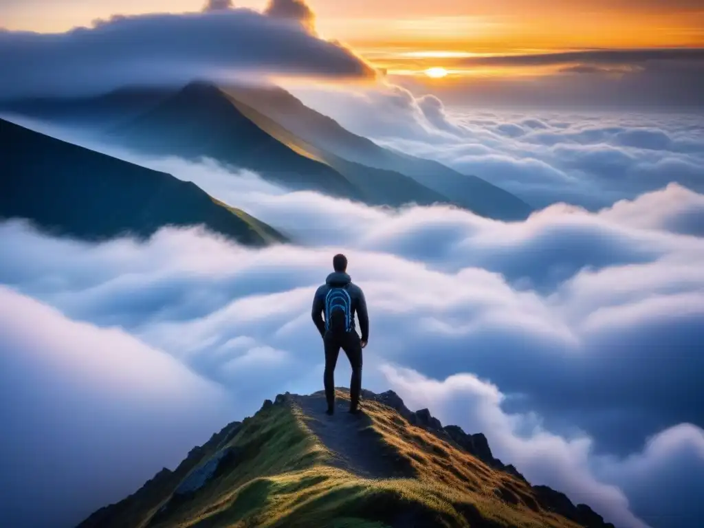 Un ser solitario en la cima de la montaña, rodeado de nubes y el sol rompiendo la neblina