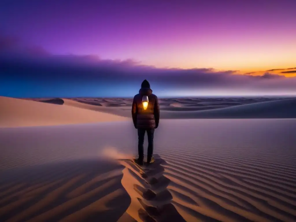 Un ser solitario en un desierto al atardecer sostiene una bombilla brillante, iluminando la oscuridad con un aura cálida y transformadora