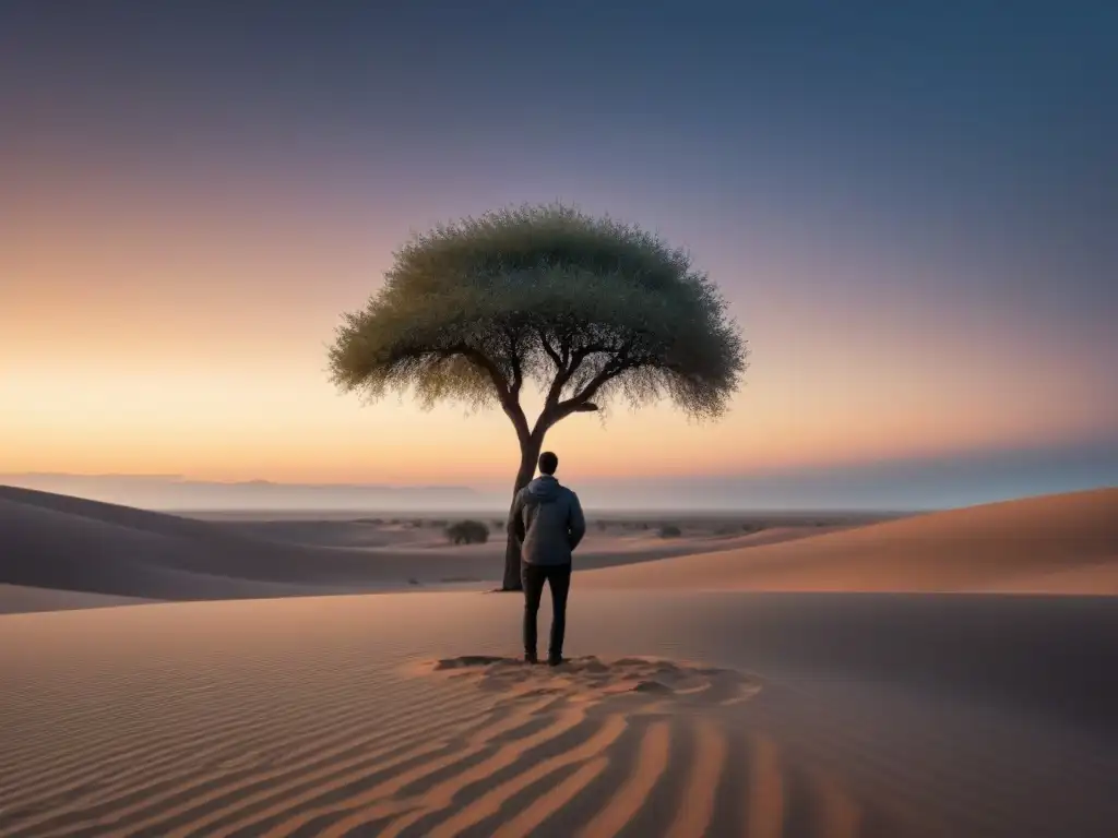 Un ser solitario en un desierto al atardecer, sosteniendo un libro de poesía abierto