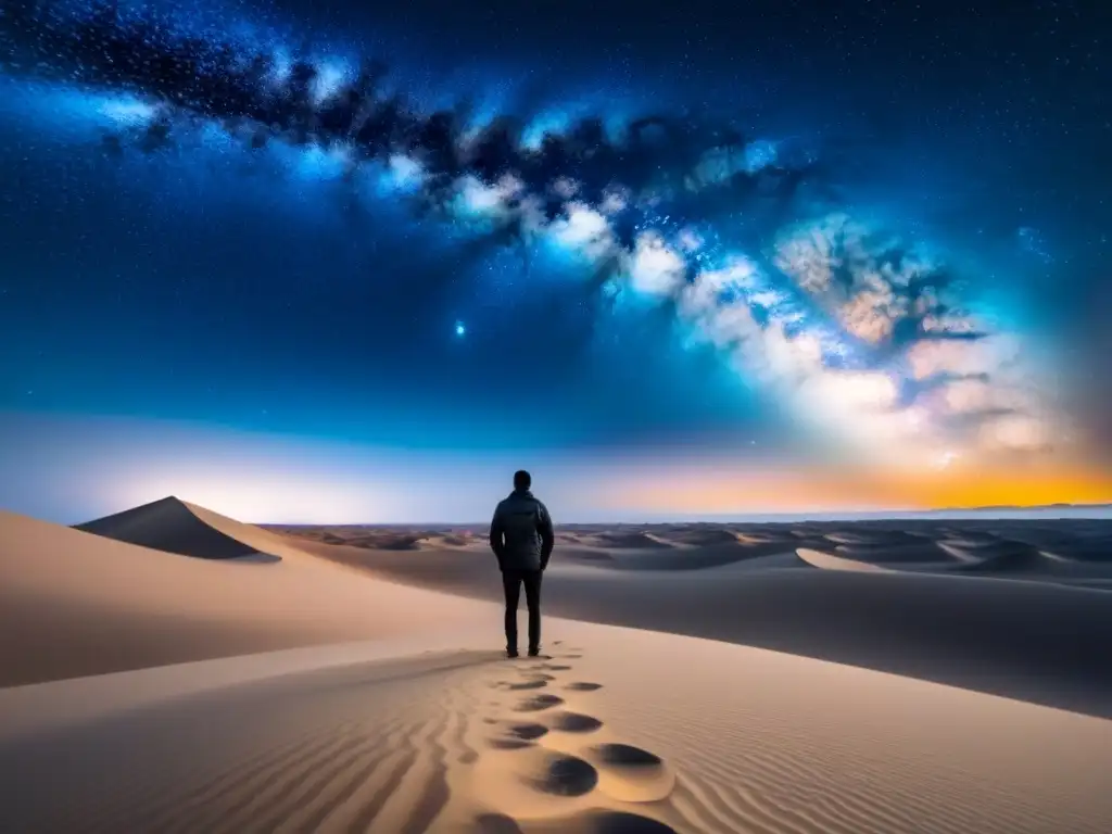 Un ser solitario se alza en un desierto bajo un cielo estrellado, contemplando la inmensidad cósmica