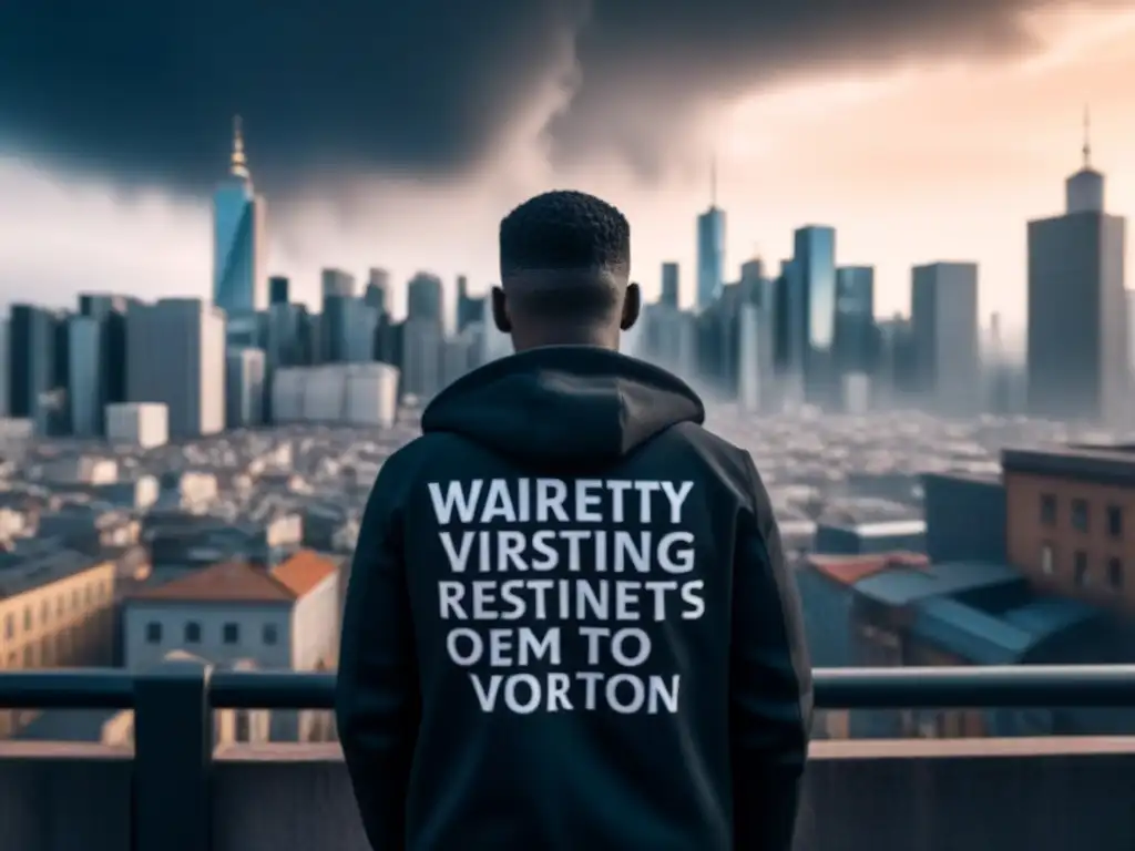 Poética negra: resiliencia y poder en la ciudad Un ser solitario se alza en determinación entre versos multilingües, en un paisaje urbano oscuro