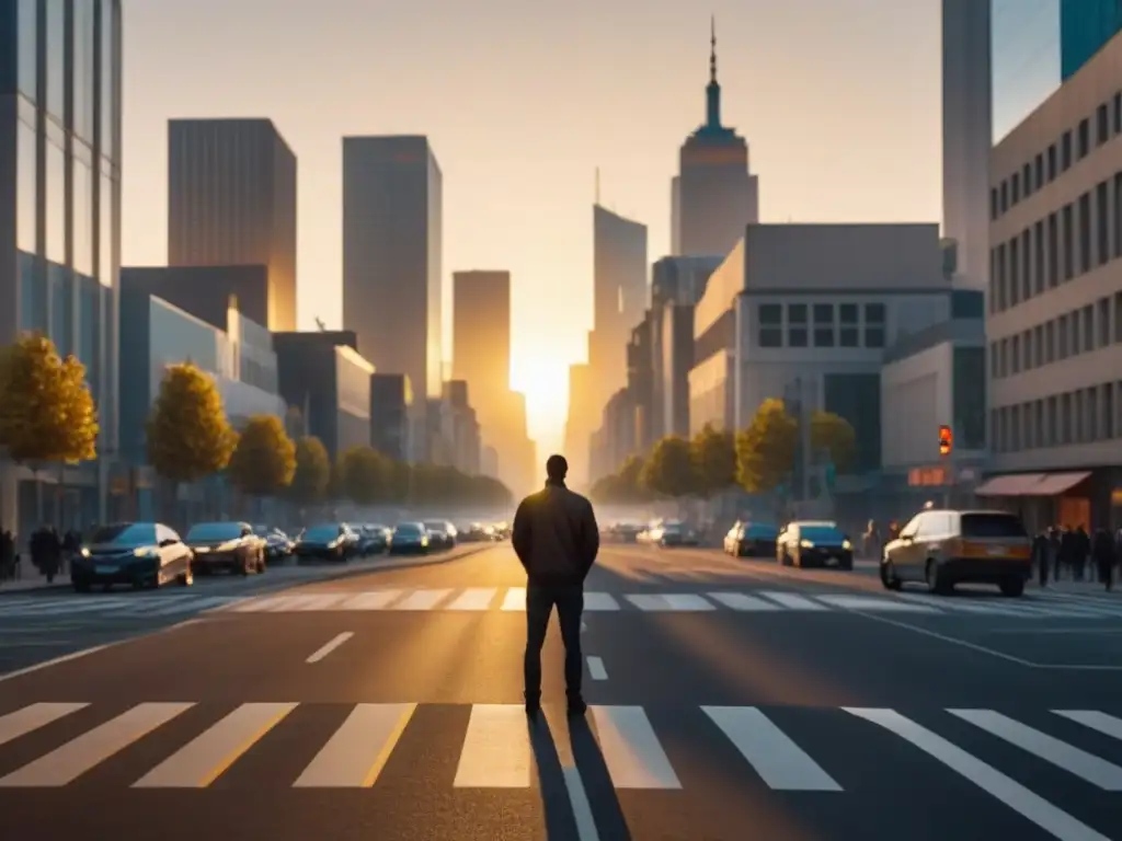 Un ser solitario reflexiona en una encrucijada urbana al atardecer, fusionando su silueta con las sombras de la ciudad