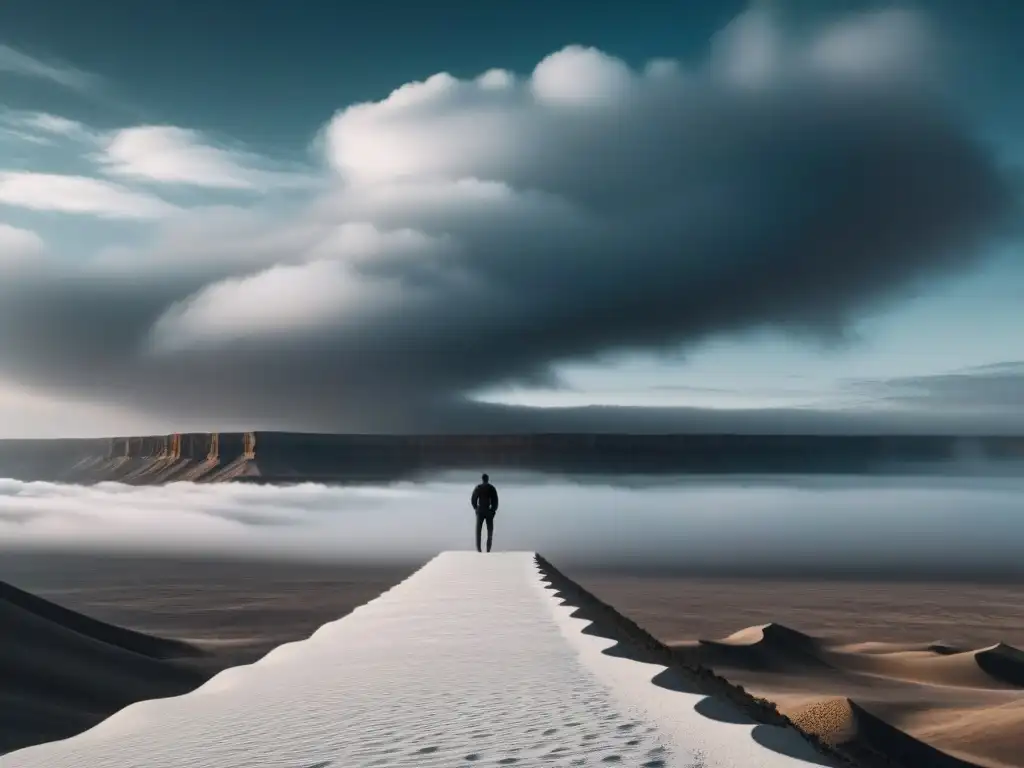 Un ser solitario mira una escalera infinita en un desierto vacío