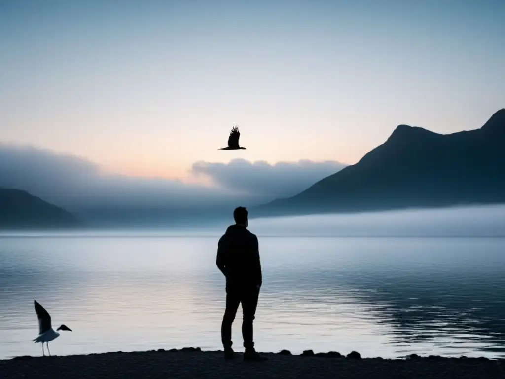 Un ser solitario frente a un vasto cuerpo de agua, con un ave en el cielo, simbolizando el poder transformador de la poesía