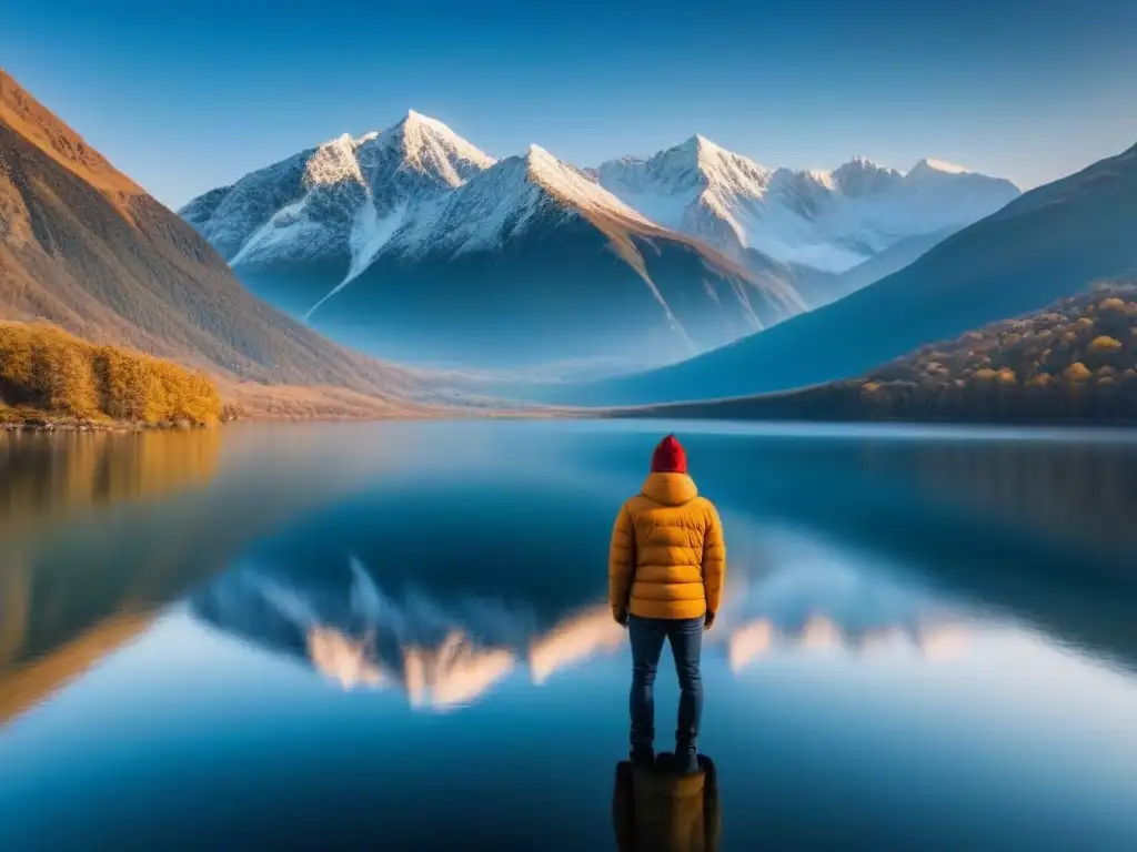 Un ser solitario contempla un lago sereno rodeado de imponentes montañas nevadas bajo un cielo azul