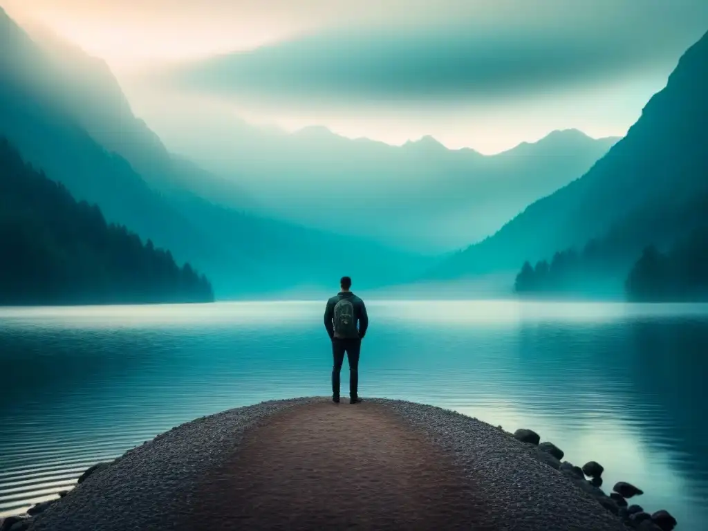 Un ser solitario contempla un lago sereno, rodeado de montañas envueltas en niebla, con luz dorada