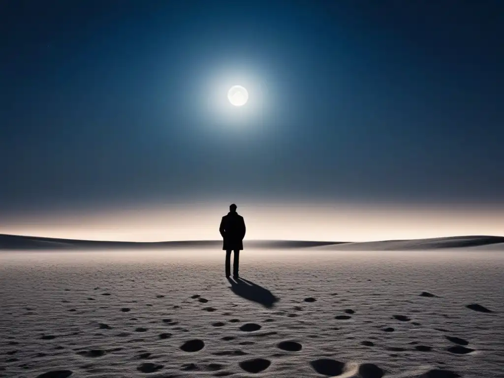 Un ser solitario bajo la luna en un paisaje vasto y desolado, inspirado en el realismo poético de Gabriela Mistral