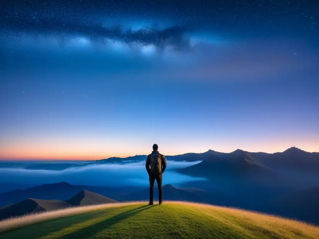 Un ser solitario contemplando bajo la luz de las estrellas en la vasta llanura, con la palabra clave 'Poesía como herramienta de transformación'