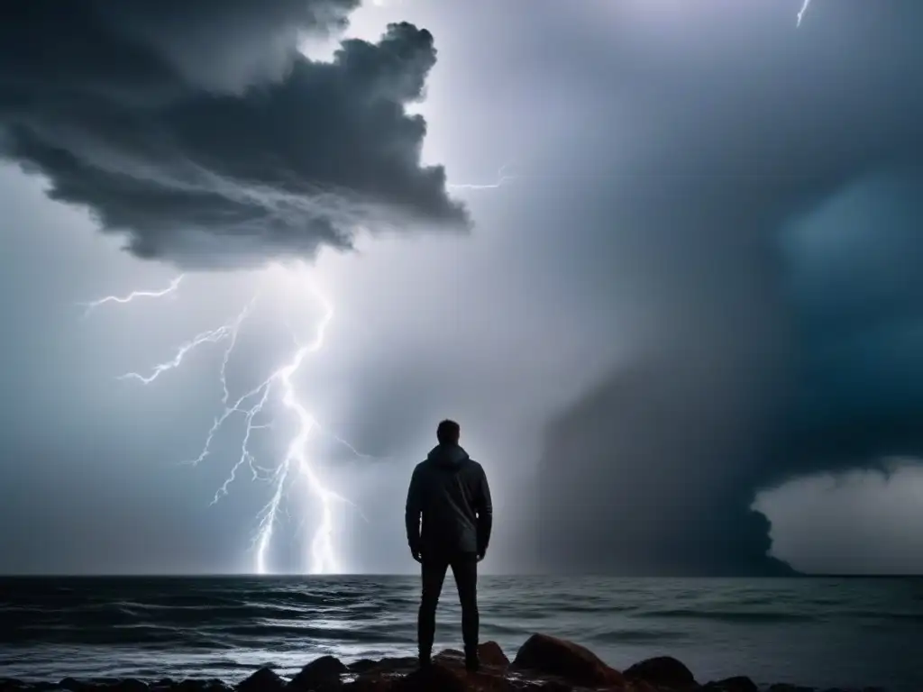 Un ser solitario en medio de la tormenta, reflexionando en medio del caos