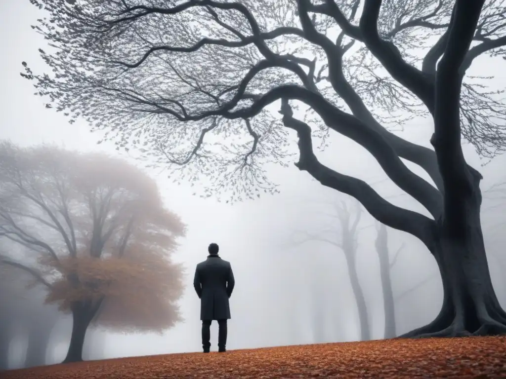 Un ser solitario contempla melancólico bajo un árbol sin hojas, con hojas de otoño cayendo a su alrededor