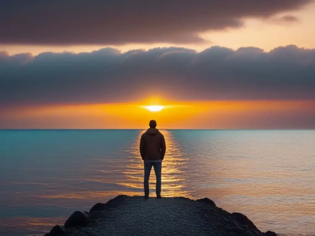 Silueta contemplativa al atardecer en el mar Un ser solitario contemplando el océano al atardecer, bajo una luz dorada