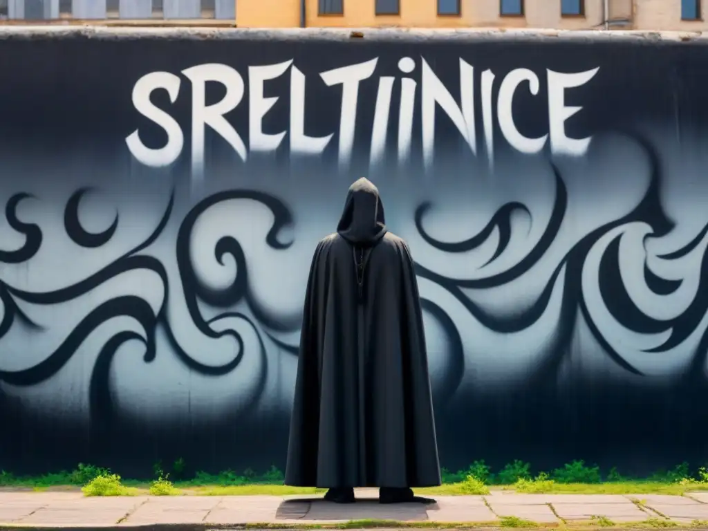 Mural de resistencia: la fuerza de la poesía negra Un ser solitario de pie ante un muro cubierto de grafitis, con mirada desafiante