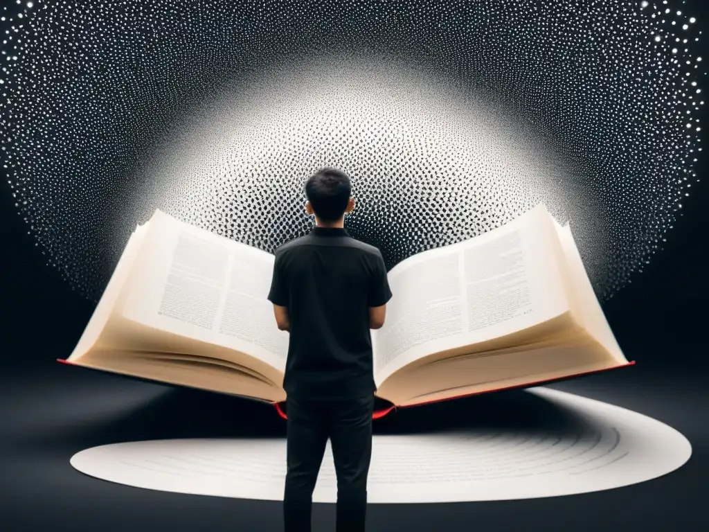 Profundo asombro: figura ante libro gigante Un ser solitario contempla el significado filosófico profundo de la poesía en un libro gigante de diseño intrincado en blanco y negro