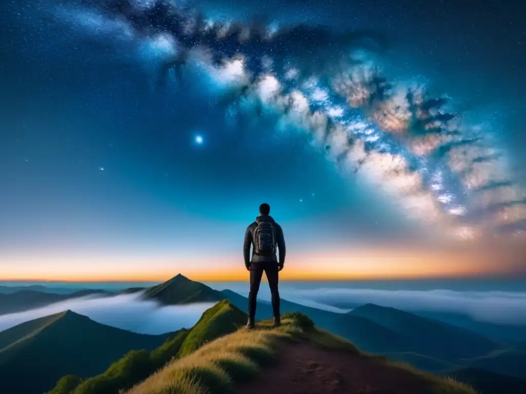 Un ser solitario contemplando el universo estrellado desde la cima de una montaña