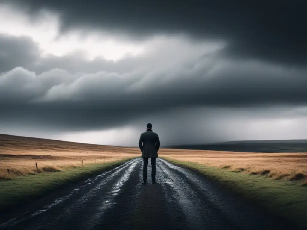 Un ser solitario contempla la vastedad del paisaje desolado bajo un cielo tormentoso, reflejando la realidad en la poesía Hardy