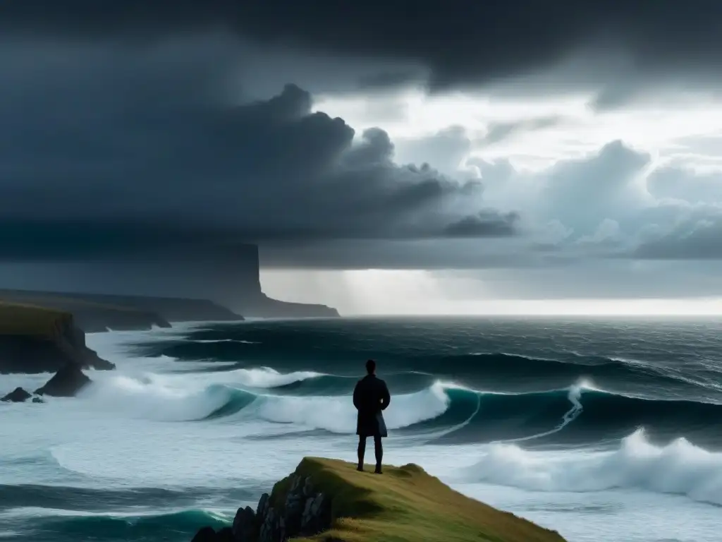 Un ser solitario contempla el vasto océano desde un acantilado, sosteniendo un libro de poesía