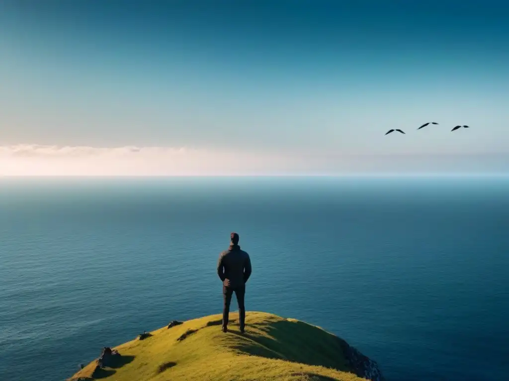 Un ser solitario contempla el vasto océano desde un acantilado, mientras un grupo de aves vuela en formación en el cielo