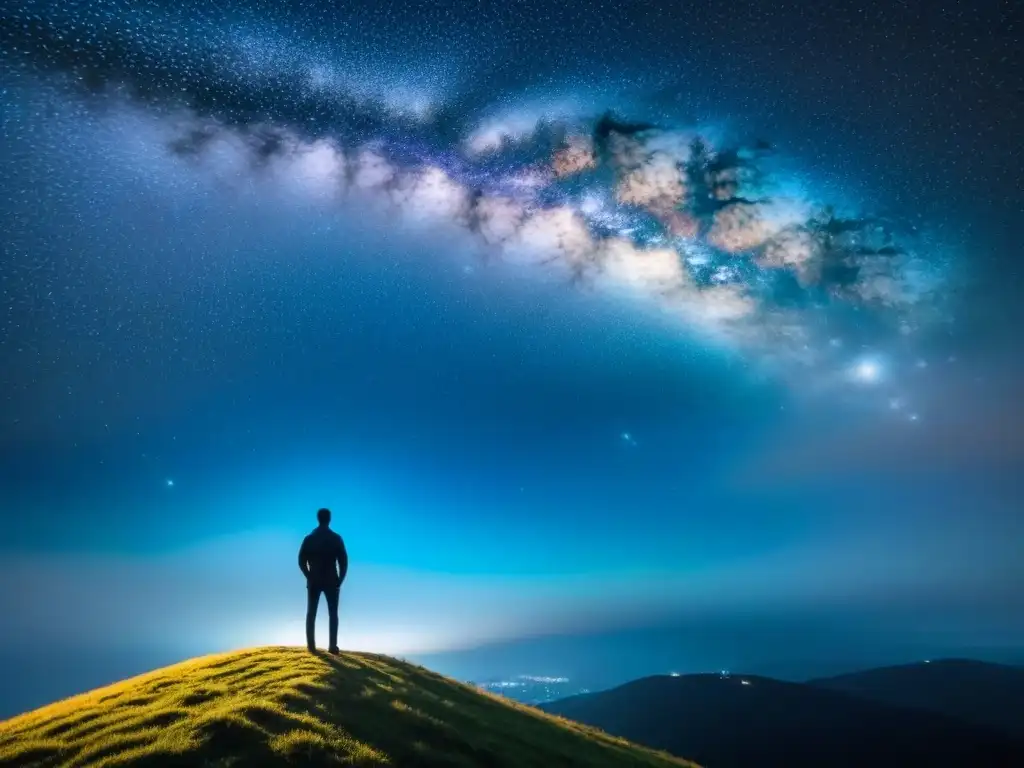 Un ser solitario contempla el vasto universo estrellado en una noche de inspiración poética