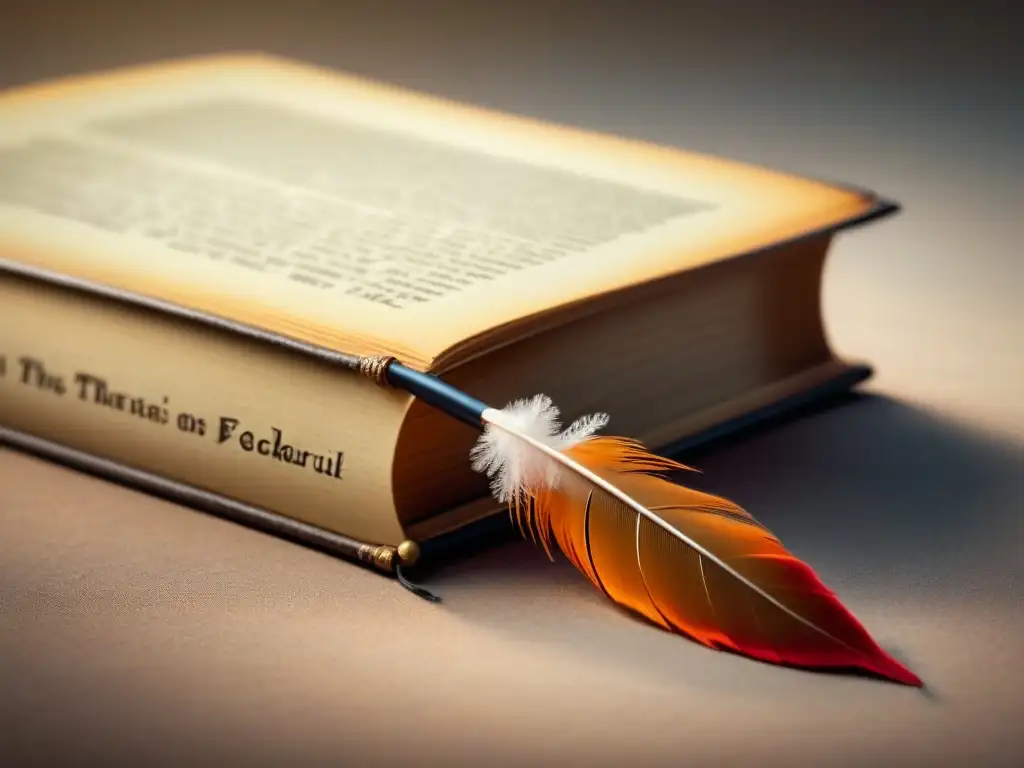 Imagen evocadora: libro vintage y pluma antigua en papel envejecido Ilustración serena de un libro antiguo abierto sobre papel envejecido, con pluma de ave reposando