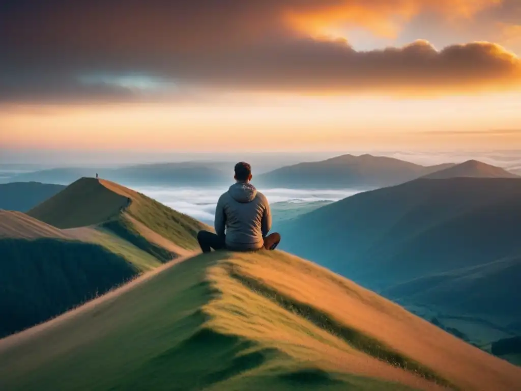 Un sereno amanecer en la cumbre de la montaña, con una figura en contemplación