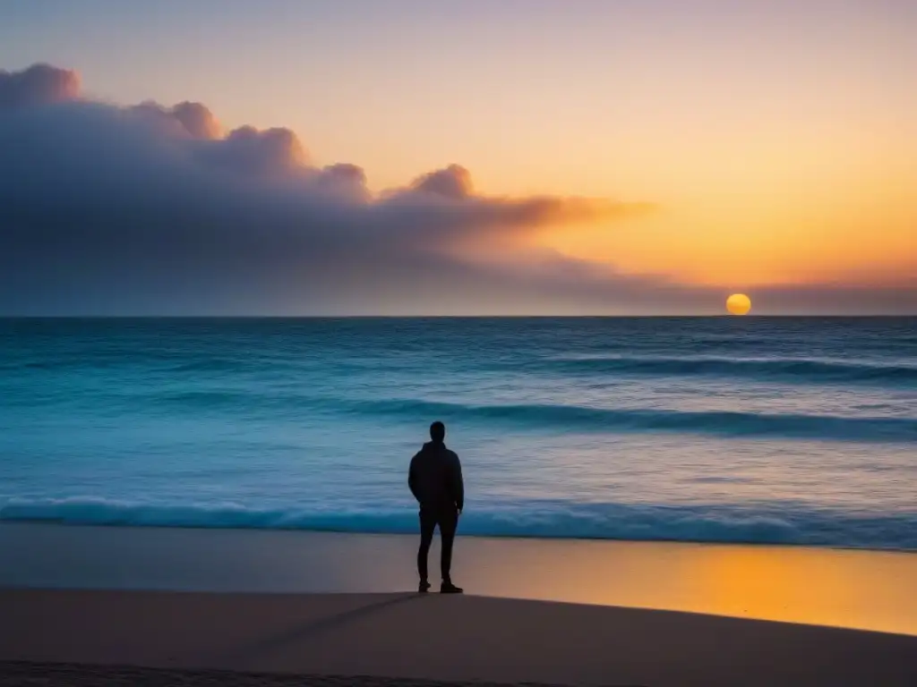 Un sereno atardecer frente al vasto mar, una figura solitaria contemplando la poesía narrativa transformadora versos palabras