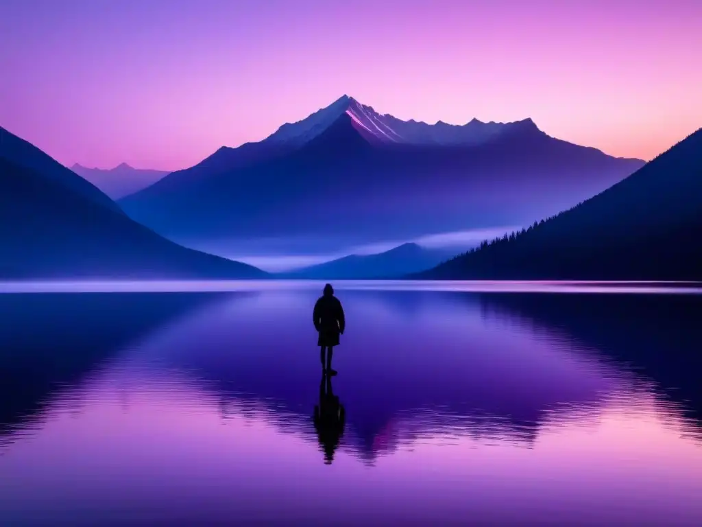 Un sereno atardecer en un lago, figura solitaria ante montañas neblinosas