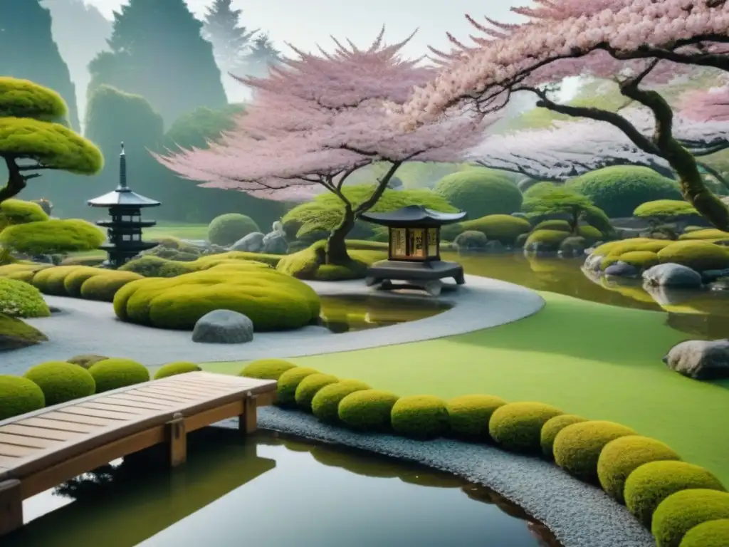 Jardín japonés sereno con estanque, cerezos en flor, y poesía transformadora y filosofía espiritual