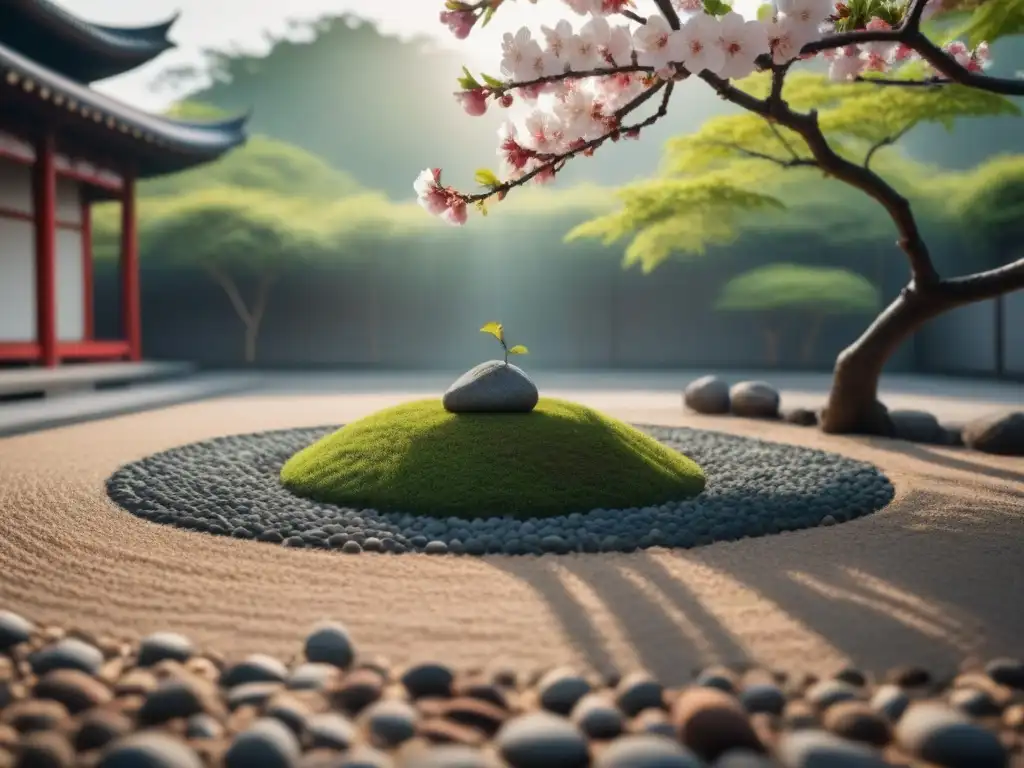 Un jardín Zen sereno con grava rastrillada, verde exuberante y un cerezo en flor