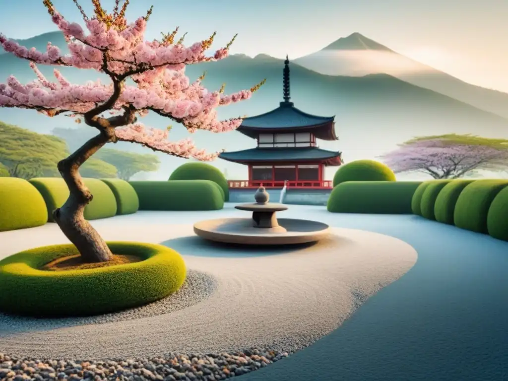 Un jardín Zen sereno con un pagoda de piedra y un cerezo en flor, inspirado en el monje poeta Philip Whalen