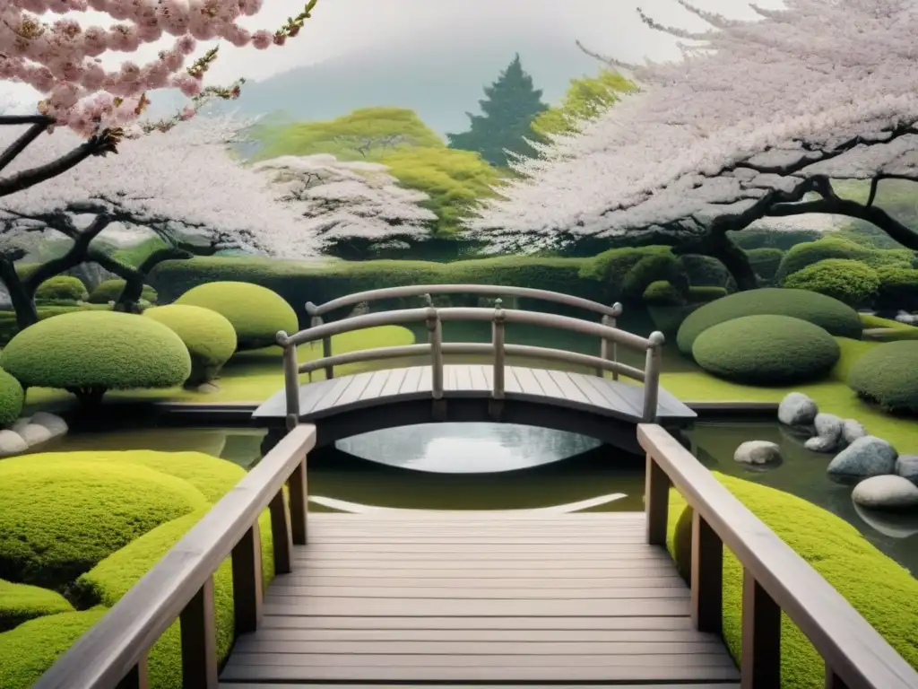 Poesía lírica transformadora Basho: Jardín japonés sereno con puente de madera, estanque y flores de cerezo en flor