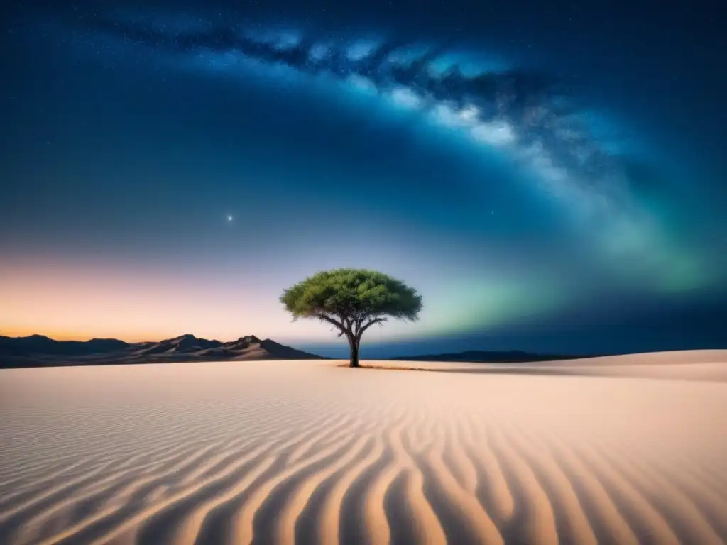 Un sereno refugio emocional en la poesía: figura solitaria en desierto bajo cielo estrellado, árbol simbolizando resiliencia