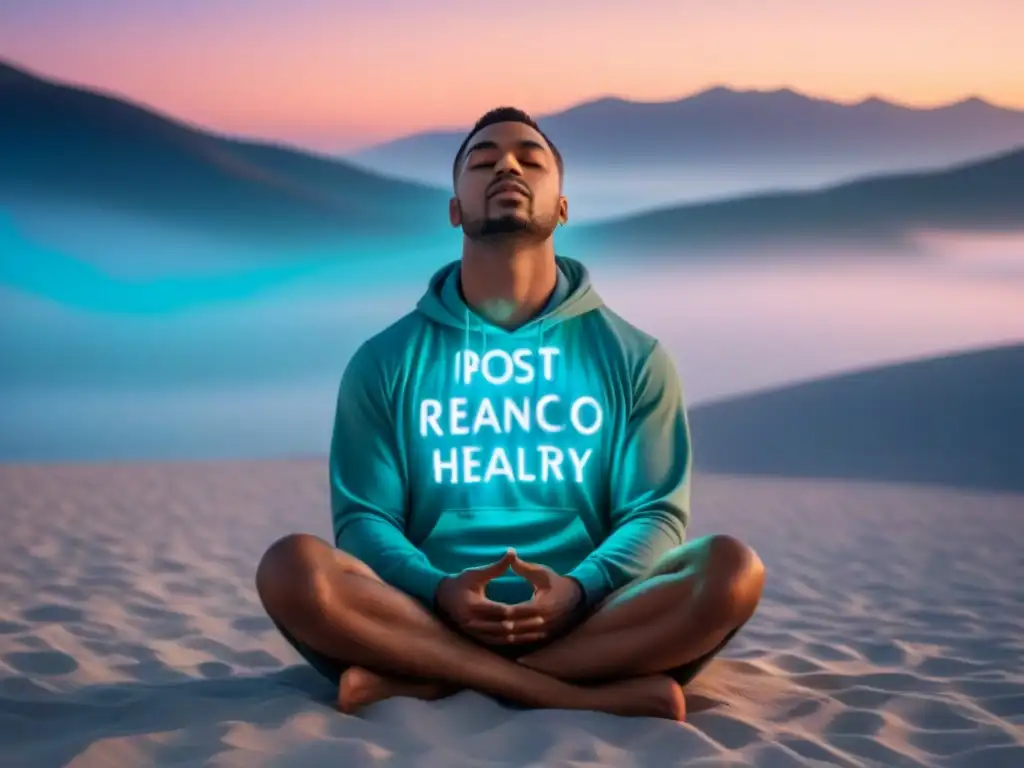 Un sereno retrato de una persona meditando rodeada de palabras y versos poéticos, evocando paz interior y sanación emocional