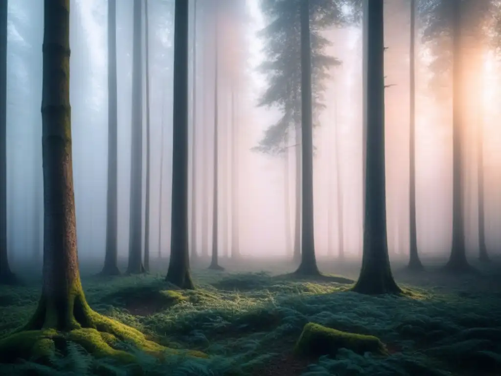 Silenciosa poesía sobre sonidos naturales en un bosque al amanecer en blanco y negro