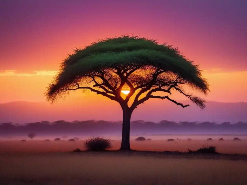 Silueta de acacia solitaria en atardecer africano vibrante