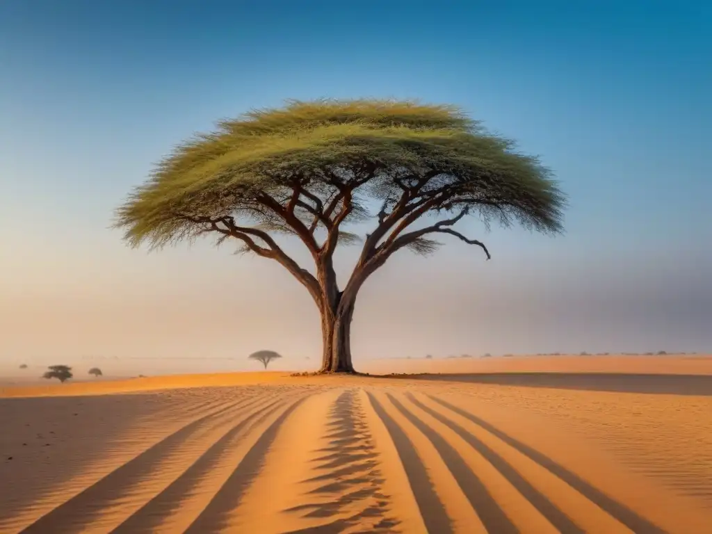 Silueta de acacia solitaria en desierto africano, simbolizando resiliencia en poesía africana