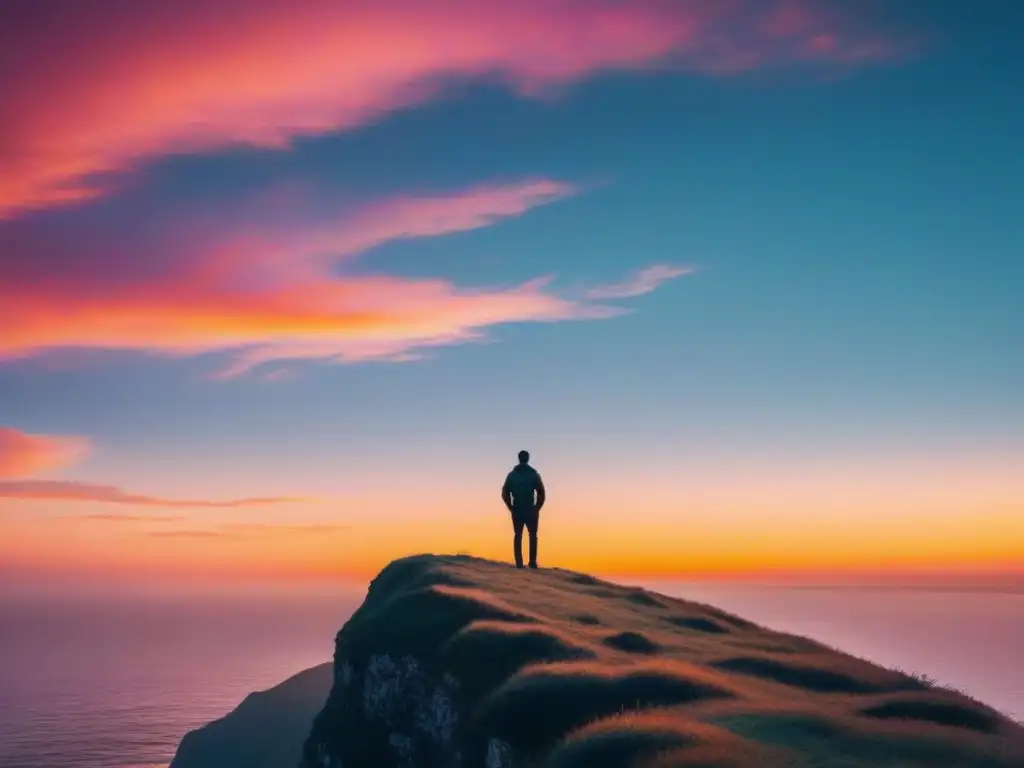 Silueta en acantilado al atardecer, reflejando el poder transformador de la poesía