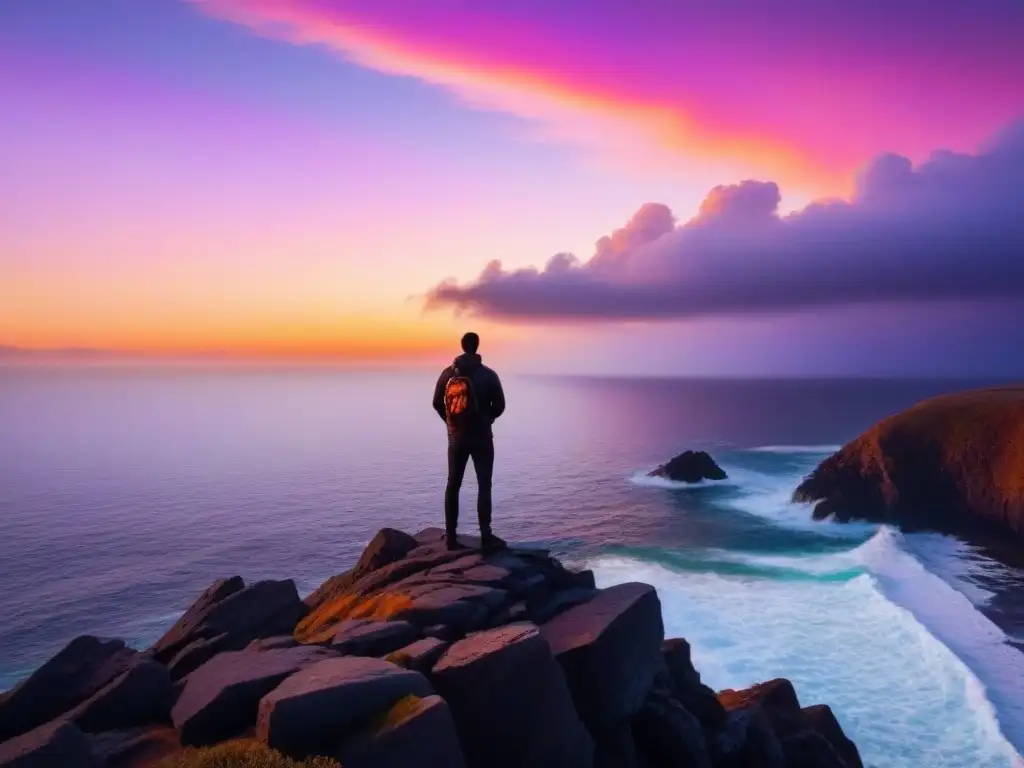 Silueta leyendo poesía en un acantilado al atardecer, mostrando el poder transformador de la poesía