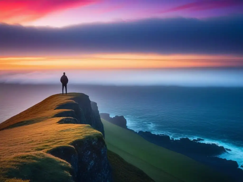 Silueta en acantilado frente al mar al atardecer, evocando identidad personal a través poesía