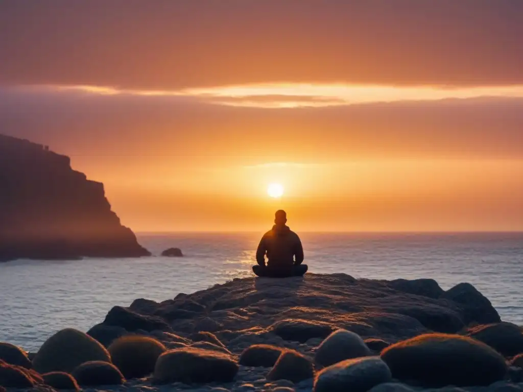 Silueta en acantilado contemplando el océano al atardecer, reflejando el poder transformador de la poesía