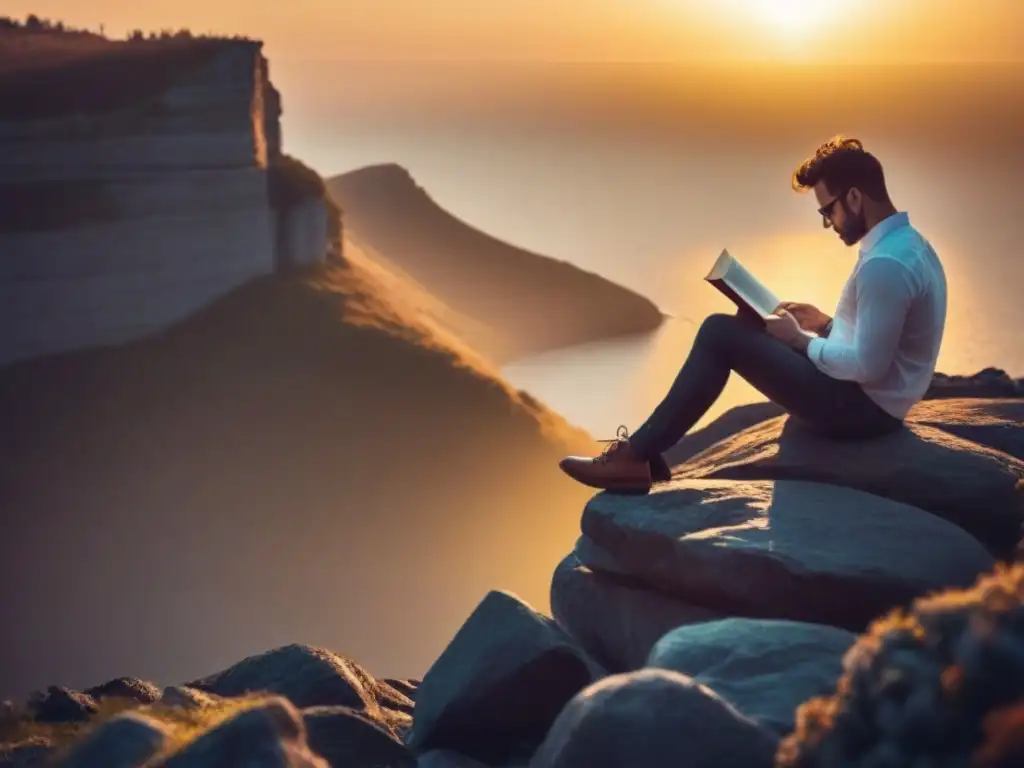 Silueta leyendo al atardecer en acantilado rocoso