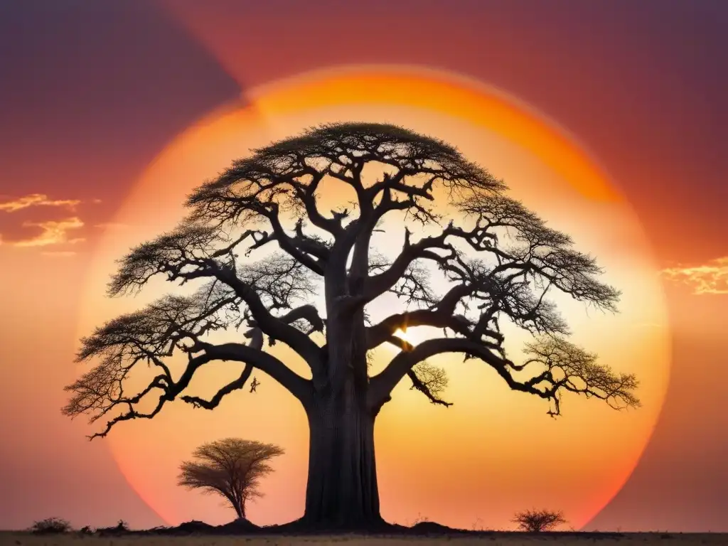 Silueta de un baobab africano contra un atardecer vibrante, poesía contemporánea África corazón