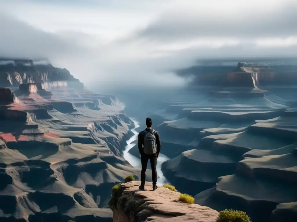 Silueta en el borde de un profundo cañón, mirando hacia la niebla