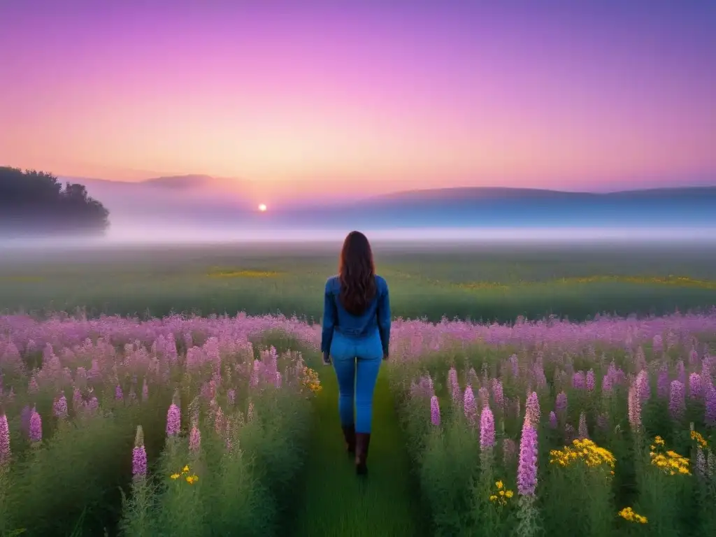 Silueta en campo al amanecer entre flores, reflejando identidad personal a través poesía