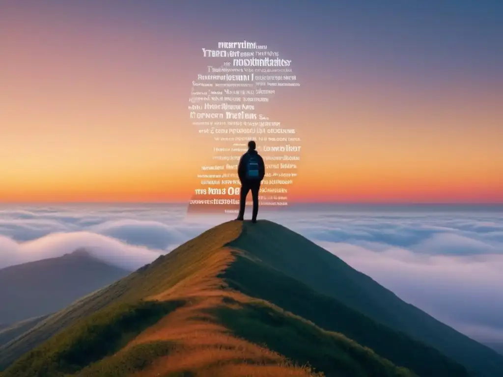 Silueta en la cima de la montaña con palabras en diferentes idiomas, simbolizando la poesía transformadora