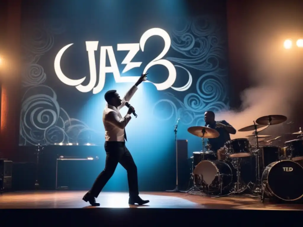 Silueta de Ted Joans recitando poesía en club de jazz, rodeado de surrealismo y notas musicales