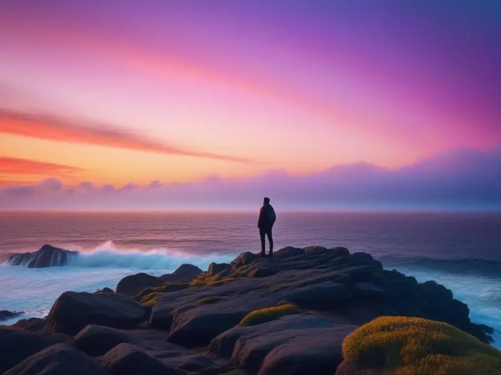 Silueta contemplativa en acantilado, atardecer vibrante sobre vasto mar tranquilo