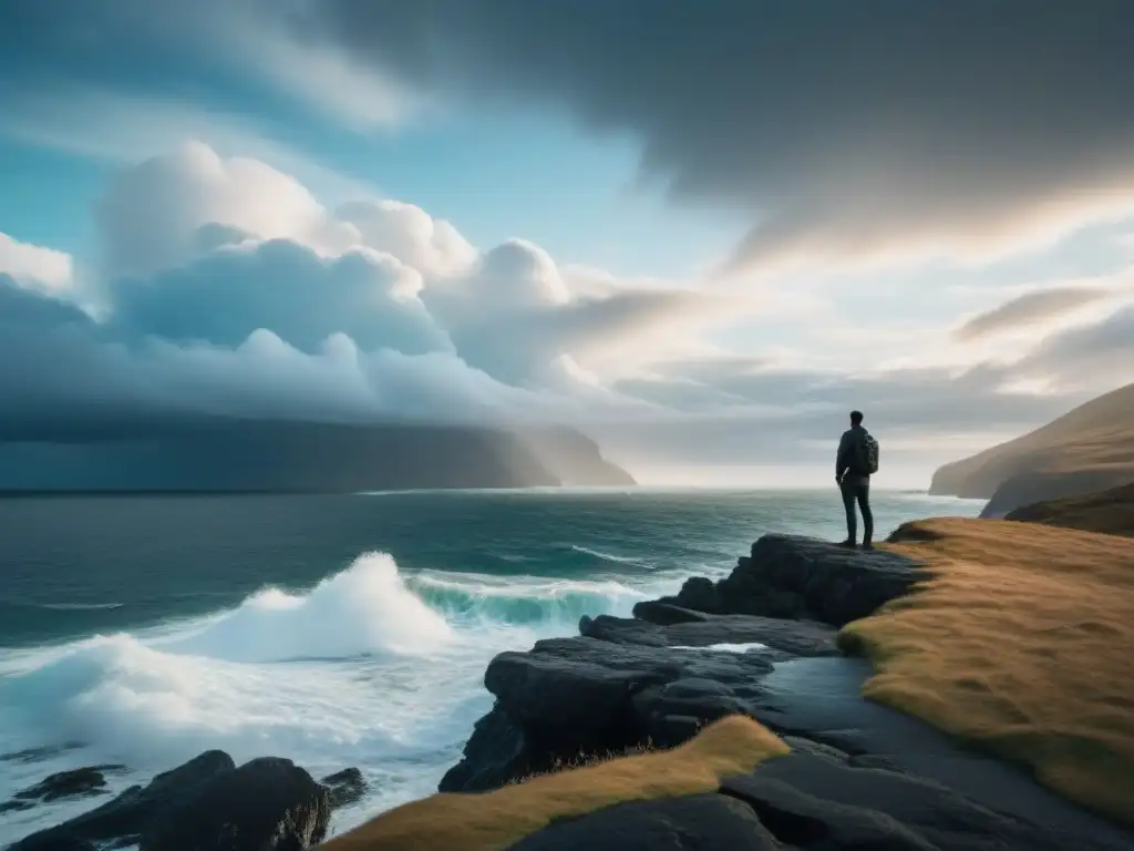 Silueta contemplativa en acantilado, mar turbulento y cielo dramático, evocando la poesía lírica de Pablo Neruda vanguardia