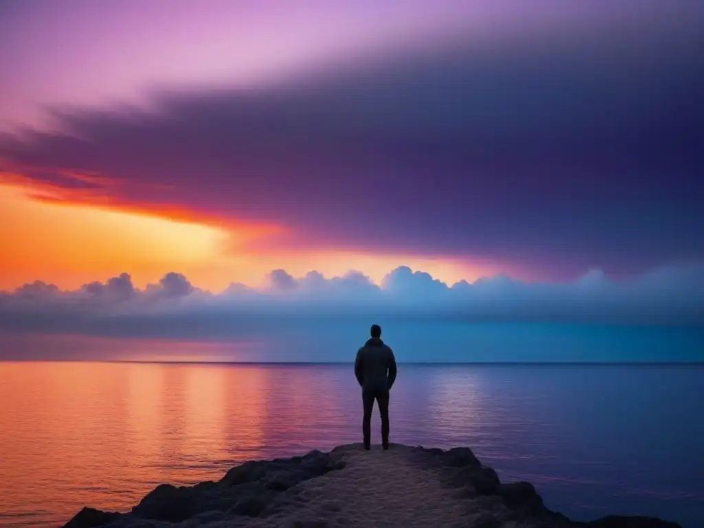 Silueta contemplativa en atardecer vibrante junto al mar, evocando el poder transformador de la poesía